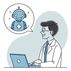 Doctor interacting with medical robot on laptop communication technology
