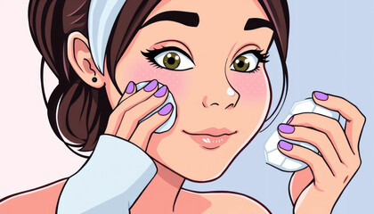 Young woman applying facial skincare with cotton pad and crystal, promoting beauty routines, personal care, and self-care at home