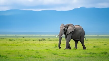Obraz premium A lone elephant bull in Amboseli National Park, Kenya, captured mid-step on the grassy plains, looking directly at the camera with wise, expressive eyes.