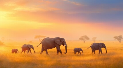 Obraz premium A majestic herd of wild elephants walks gracefully across the golden savannah of Tarangire National Park, Tanzania, surrounded by acacia trees under a warm, glowing sunset sky.