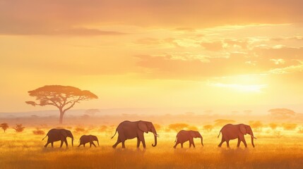 A majestic herd of wild elephants walks gracefully across the golden savannah of Tarangire National Park, Tanzania, surrounded by acacia trees under a warm, glowing sunset sky.