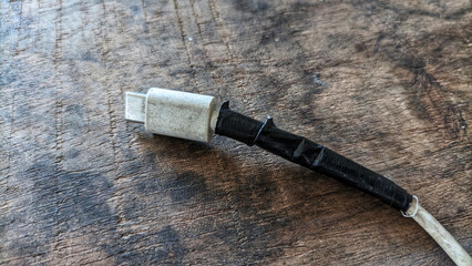 Close up view USB charging cable. Selective focus