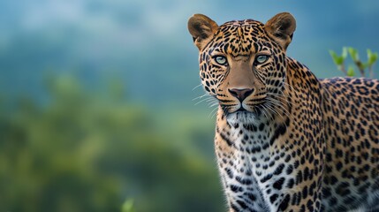 Obraz premium A stunning close-up of a leopard face with sharp, intense eyes locked on the camera, highlighting its spotted coat and powerful expression in vivid detail.