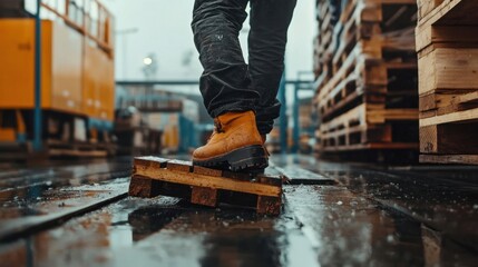 Workers boots on wet pallet.