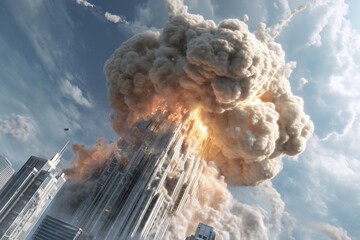 A catastrophic explosion takes place as a missile hits a towering skyscraper in the city on a cloudy day.