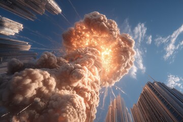 A catastrophic explosion takes place as a missile hits a towering skyscraper in the city on a cloudy day.