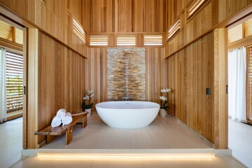 Luxurious Spa Bathroom with Natural Wood Accents and Freestanding Bathtub