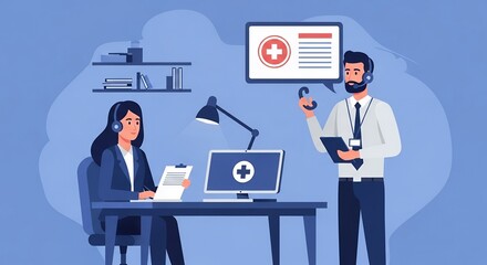 Medical Call Center Illustration with Two Professional Wearing Headsets in Blue and White Scheme