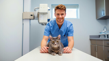 Veterinary care involves a veterinarian and a cat in a clinical setting during a routine checkup