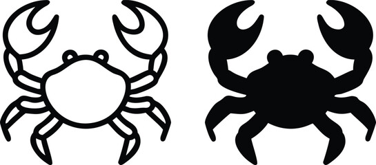 Crab Icon Set – Vector Marine Animal Silhouette and Outline Symbol in Black and White