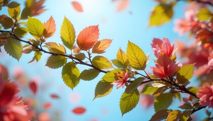 Obraz premium Delicate spring blossoms and leaves against a bright sky.