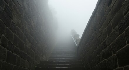 Misty Stone Stairway: Ascending Steps into Dense Fog, Dark Walls
