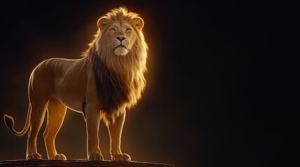 Obraz premium Close-up of a majestic lion in the dark, golden mane softly glowing against a black background, creating an elegant and mysterious composition with copy space.