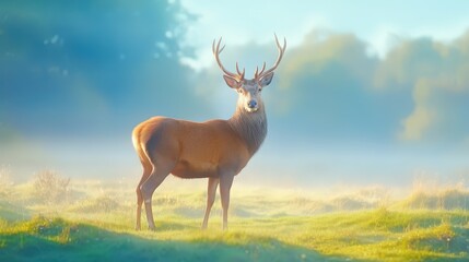 Fototapeta premium Close-up of a red deer in the morning sun, its fur glowing with warmth, surrounded by soft haze and the quiet beauty of daybreak.