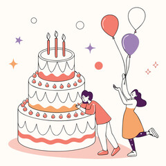 Festive celebration with tiered cake and balloons birthday party