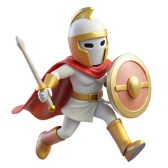 3d cartoon warrior with sword and shield isolated on transparent background