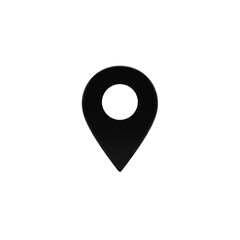 A minimalist solid black map pin icon with a white circle precisely embedded, isolated on a pristine plain white background with a thin horizontal line, photorealistic, high contrast. Concept for