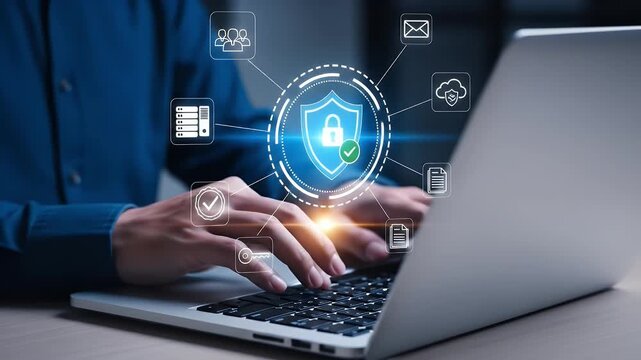 Secure data protection and network security systems. VPN connections and zero trust security. Man using laptop computer with an encrypted data security system.