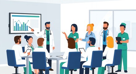 Medical Staff Meeting Pixel Art Style with White Coats and Green Scrubs in Bright Room Illustration
