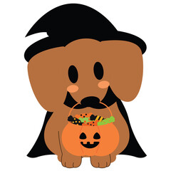 Dog in Halloween Costume with Candy Bucket