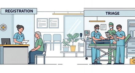 Medical Triage Illustration Featuring Registration and Triage Areas with Teal and Gray Accents Depicting Doctors Nurses Assisting Patients in a Minimalist Line Art Style