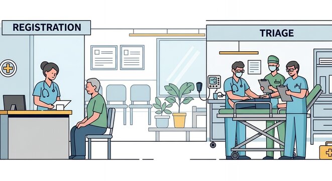 Medical Triage Illustration Featuring Registration and Triage Areas with Teal and Gray Accents Depicting Doctors Nurses Assisting Patients in a Minimalist Line Art Style