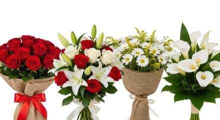 Four vibrant bouquets: red roses in craft paper, mixed red & white roses with lilies, rustic daisies & wildflowers in burlap, white calla lilies with green foliage, all on a transparent studio
