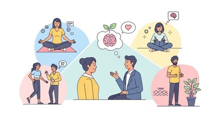Mental Health Vector Art Featuring Meditation Therapy and Couple Support on White Background with People Illustration