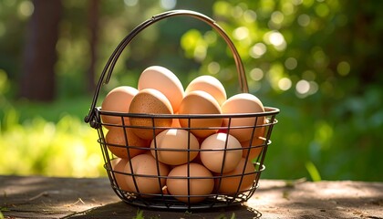 Fresh eggs in a wire basket outdoors