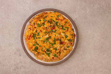 Menemen is Turkish Breakfast, Eggs With Peppers And Tomatoes Or Turkish Egg Scramble. 
