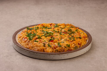 Menemen is Turkish Breakfast, Eggs With Peppers And Tomatoes Or Turkish Egg Scramble. 