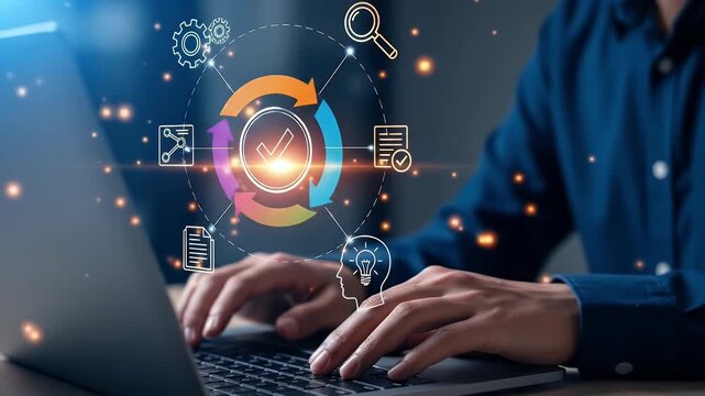Feedback loop for continuous improvement Business decision-making strategy. OODA and PDCA cycles. Businessman using laptop computer to manage project.