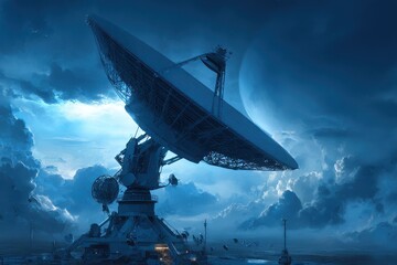 Massive Satellite Dish Under Dramatic Clouds at Dusk in Space