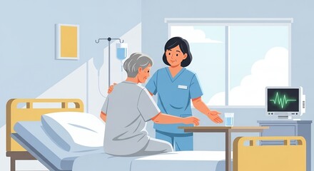 Pixel Art Illustration of a Nurse Assisting Elderly Woman in Hospital Bed with Medical Equipment Near Window in Clean Minimalist Style