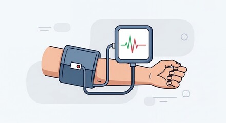 Pixel Art Illustration of Blood Pressure Monitor on Arm Displaying Heartbeat Signal with Blue Cuff and Soft Background