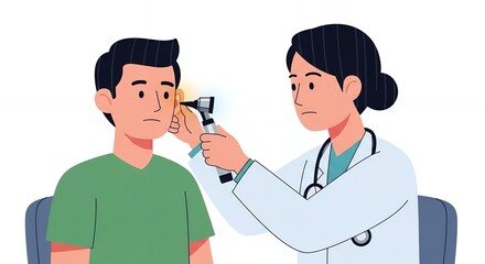 Pixel Art Illustration of Doctor Examining Boy's Ear with Otoscope in White Background with Doctor in White Coat and Stethoscope Representing Medical Examination