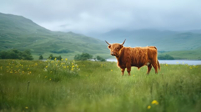Portrait of a Highland cow standing calmly in a Highland field, meeting the camer gaze with expressive eyes, surrounded by rich greenery and distant hills.