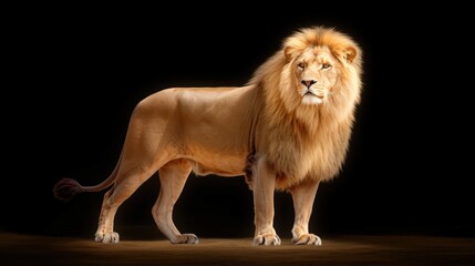 Powerful lion captured in the dark, soft light accenting its intense gaze and textures, with negative space around for text or visual emphasis.