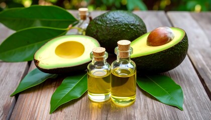 Fresh avocados and oil on a wooden table
