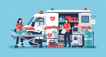 Pixel Art Medical Emergency Scene Featuring Paramedics Attending Patient By an Ambulance with Medical Equipment on a Light Blue Background