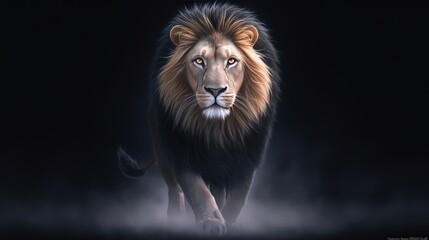 Regal male lion with intense gaze and textured mane, captured in high contrast on a black background, evoking strength, nobility, and silence.