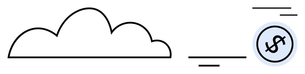 Cloud outline with moving dollar sign, symbolizing digital finance and cloud computing. Ideal for innovation, growth, data transfer, economy, online services, technology. Flat simple metaphor