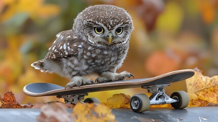 Small owl perched on a skateboard.
