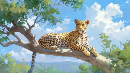 South  leopard resting alertly in a tree, eyes scanning the horizon, highlighting the animal agility and grace amid the natural forest environment.