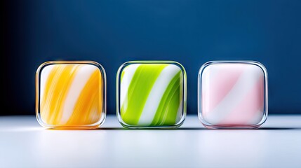 Three Glossy Square Candies in Orange Green and Pink