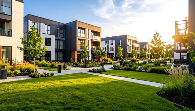 Modern apartment complex with landscaped grounds, bathed in warm sunset light