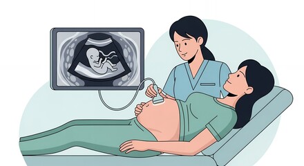 Pregnant Woman Receiving Medical Ultrasound From Healthcare Worker with Baby Visualized on Screen in Hospital Setting