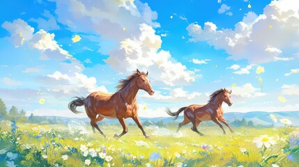 Two bay horses in full gallop across a bright floral landscape, with a deep blue sky overhead, showcasing strength, elegance, and the joy of the outdoors.
