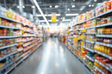 Blurred supermarket aisle, rows of shelves stocked with food products