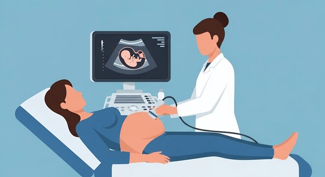 Pregnant Woman Having an Ultrasound Scan by a Doctor in Pixel Art Style Medical Examination Displayed on a Monitor with Blue Background